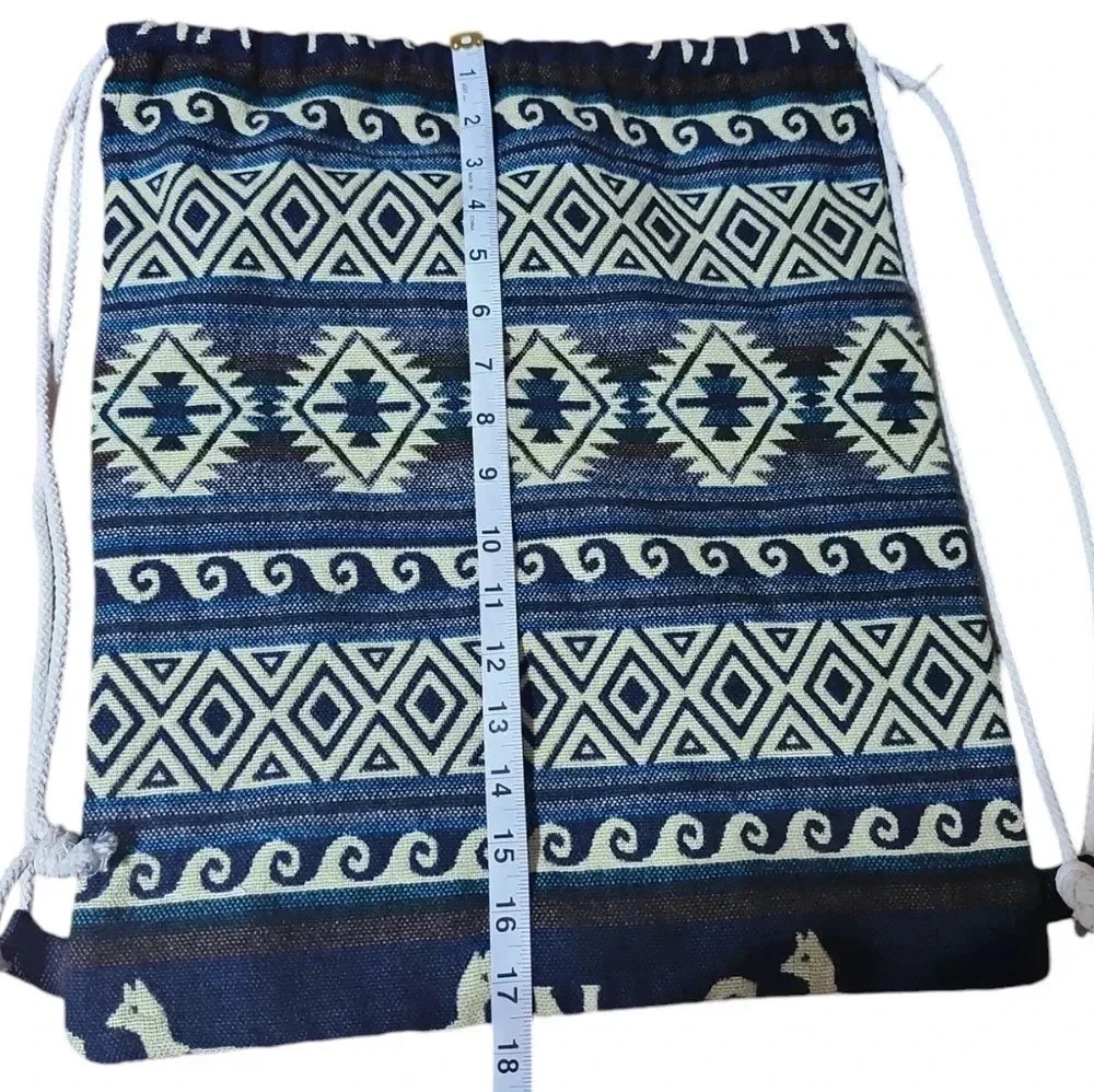 Boho Tribal Drawstring Backpack Gym Bag Travel Beach Sack Blue